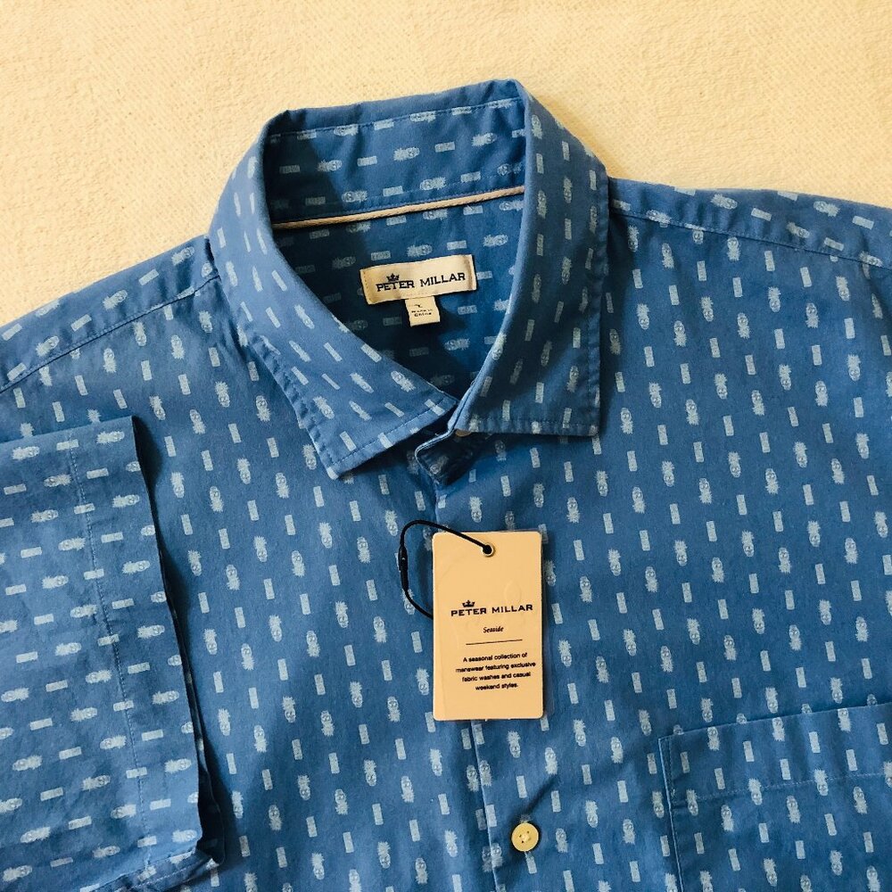 NEW Peter Millar Men's Size Large Skull Tiki Pineapple Pattern Button Up Shirt